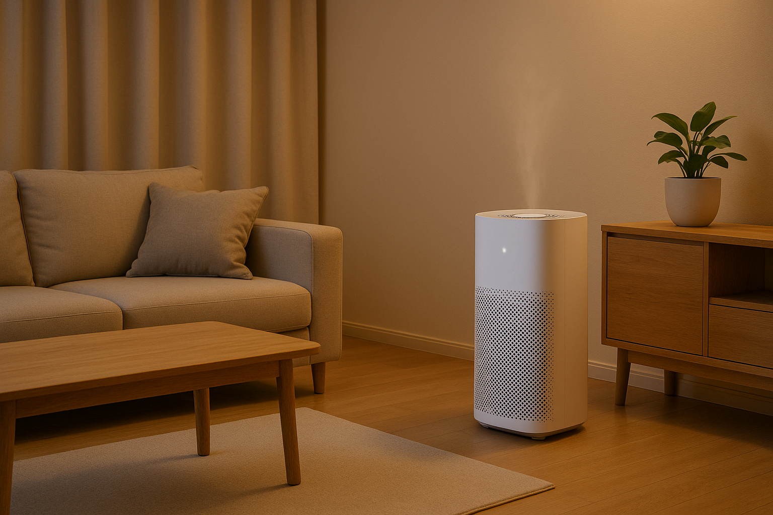 거실 한쪽에 공기청정기가 작동 중인 깨끗한 실내 공간