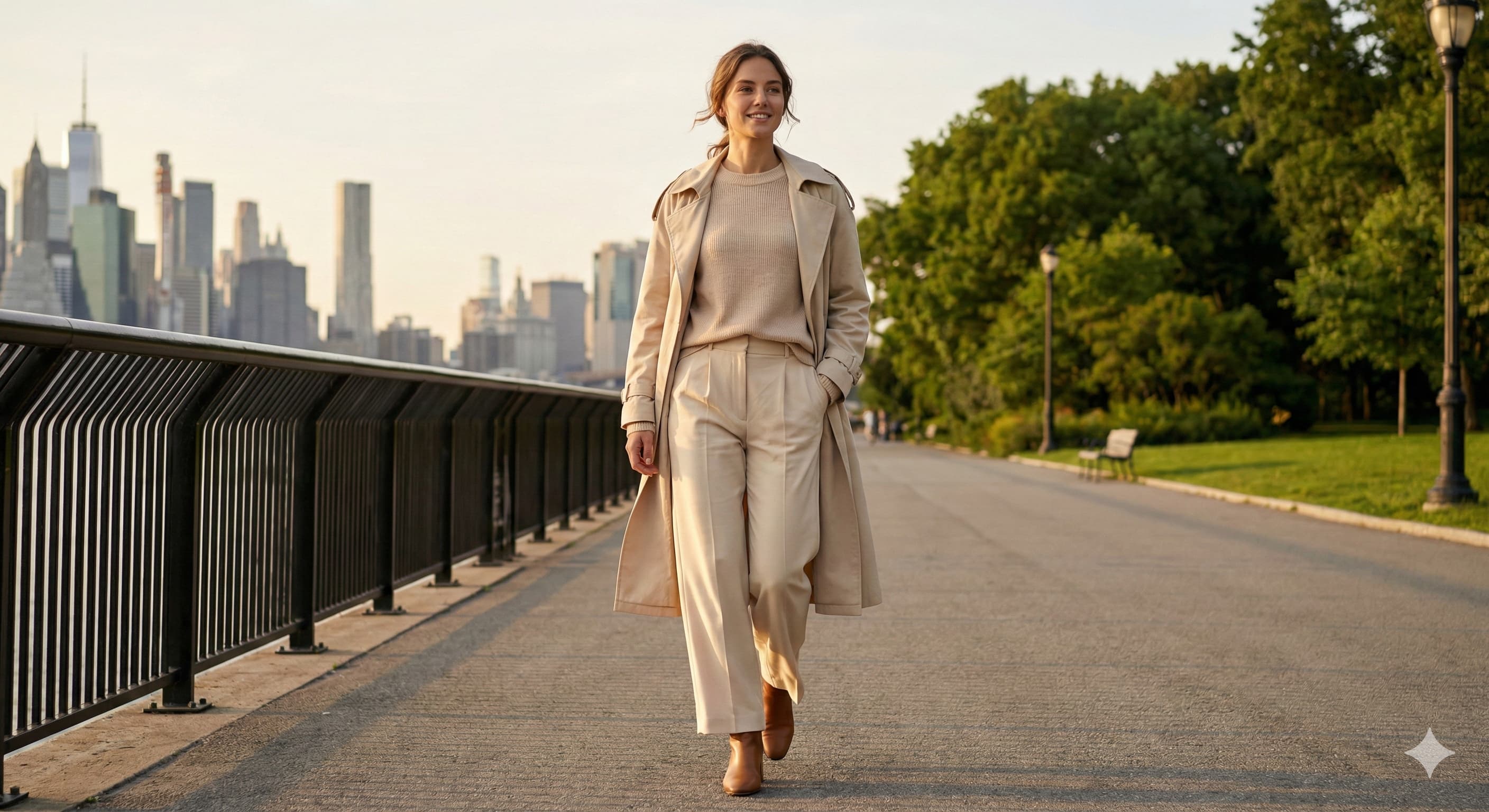 도심 속 자연 산책로를 자신감 있게 걷는 여성 모델, 퍼스널 컬러를 활용한 완벽한 스타일링과 자신감을 보여주는 이미지