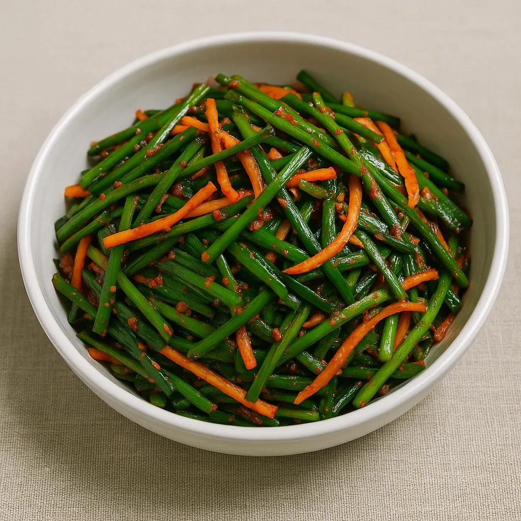 완성된 부추김치를 정갈하게 담은 그릇