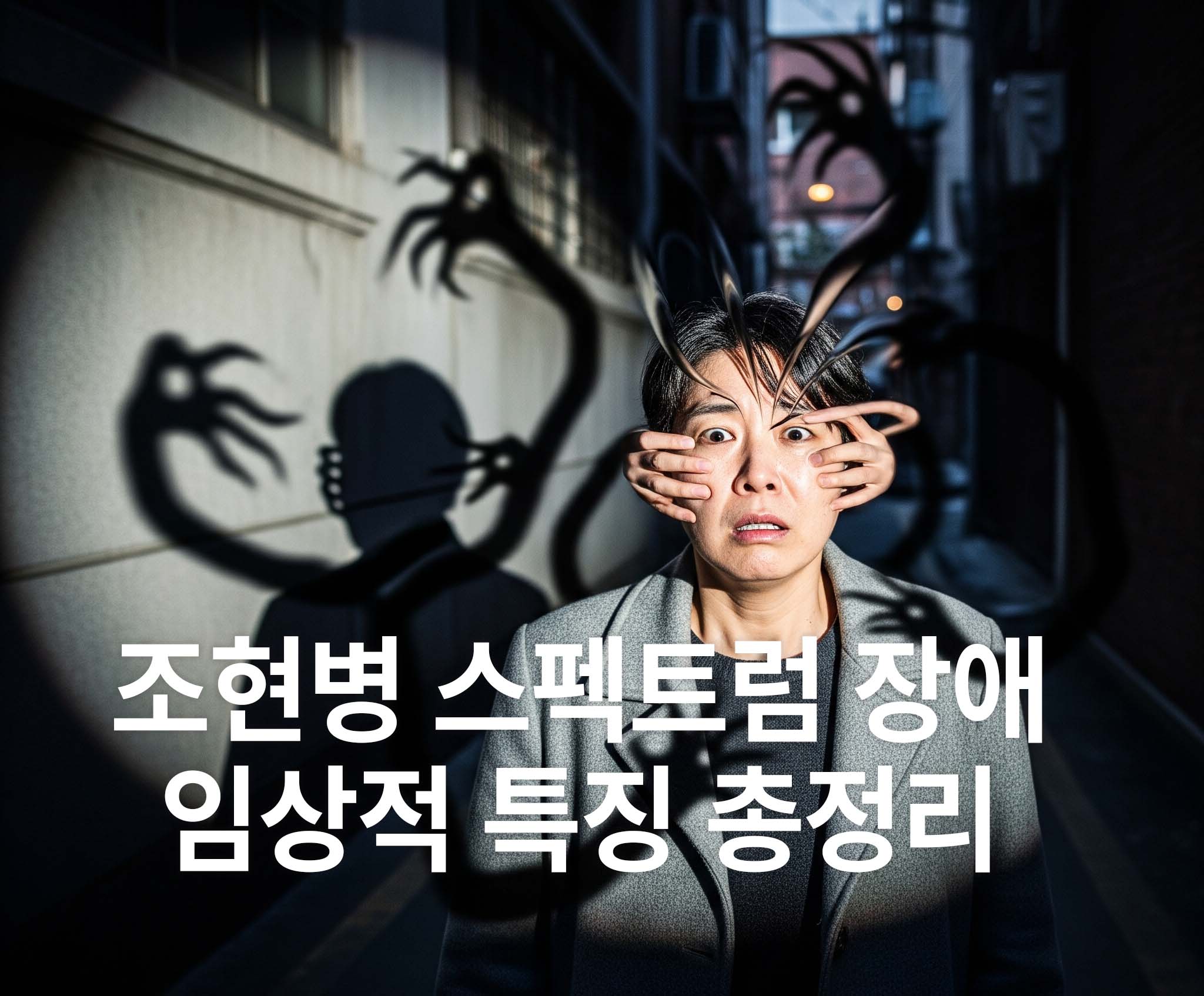 조현병있는 동양인이 누군가 자신을 해할것 같은 환각으로 불안해 하고 있는 그림이다