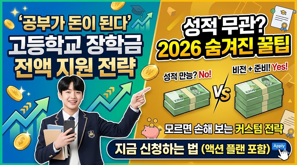 공부가 돈이 된다는 문구와 함께 고등학생 장학금 전액 지원 전략을 소개하는 썸네일. 성적 무관 2026년 숨겨진 장학금 꿀팁을 제시하며, 성적 중심의 장학금과 비전 중심의 커스텀 전략을 비교하여 지금 바로 신청하는 법을 안내함
