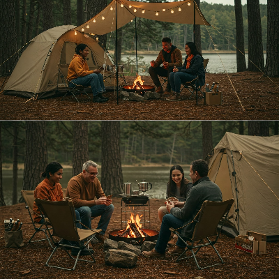 글램핑 텐트와 캠핑 장비가 설치된 야외 공간을 보여주는 이미지