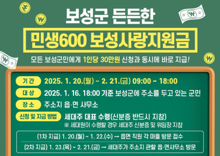 보성군 민생600 보성사랑지원금 지급 공고