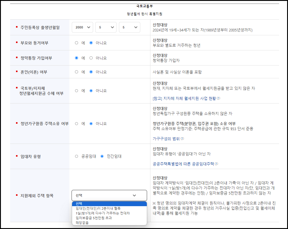 2024년 청년월세 특별지원 지원대상 신청기간 신청방법