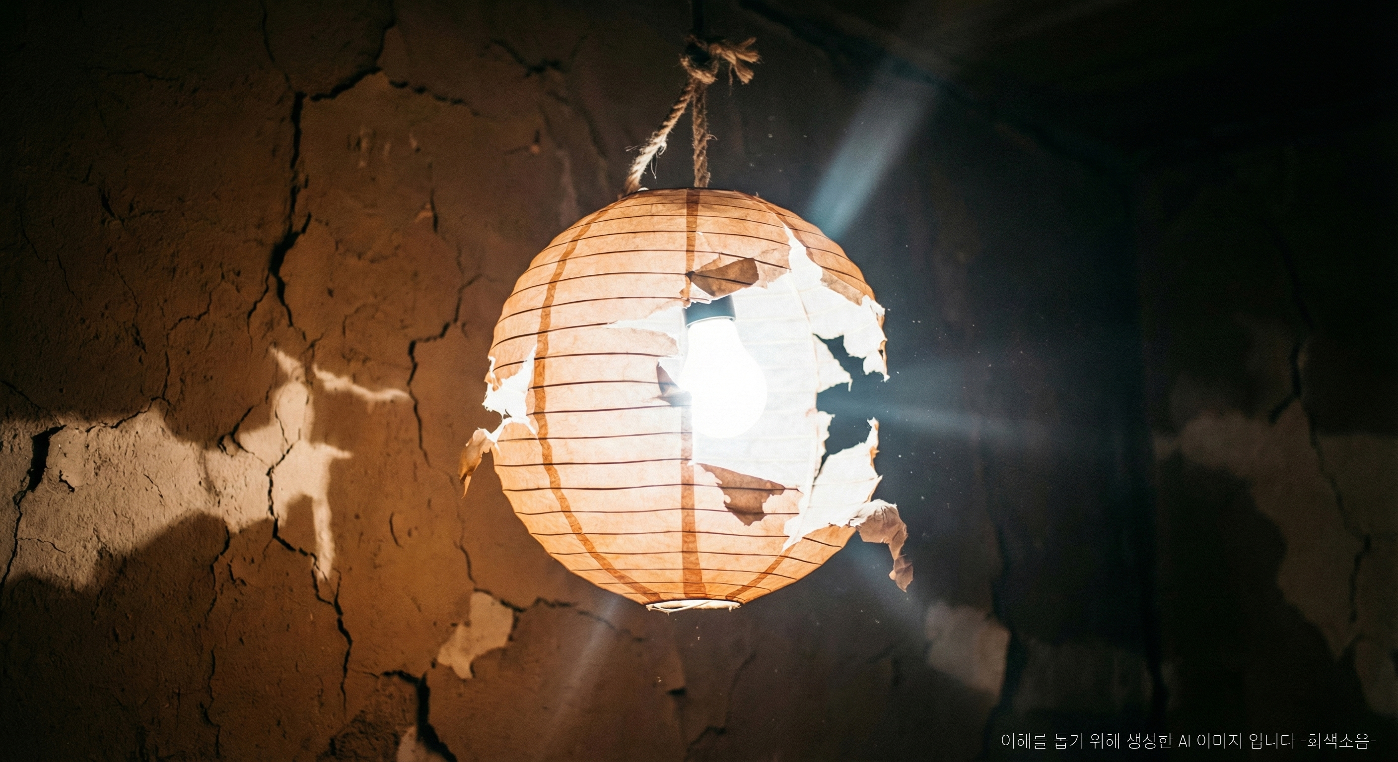 어두운 낡은 방에 매달린 종이등이 찢어져 전구의 강한 빛이 새어 나오며 벽에 날카로운 그림자를 만드는 긴장감 있는 클로즈업 장면.