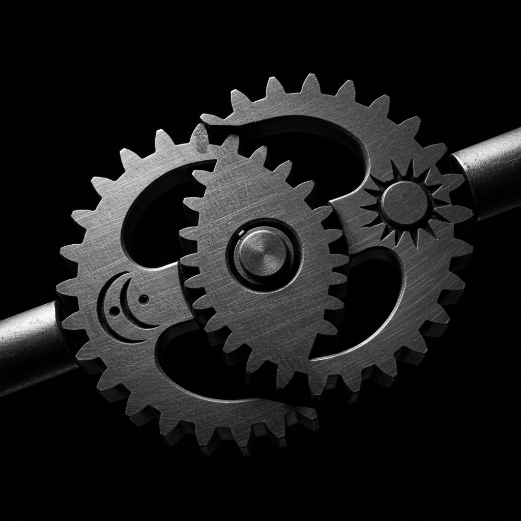 달이 새겨진 톱니바퀴와 해가 새겨진 톱니바퀴가 완벽하게 맞물려 돌아가는 모습. 공복혈당과 식후혈당의 상호작용을 상징.