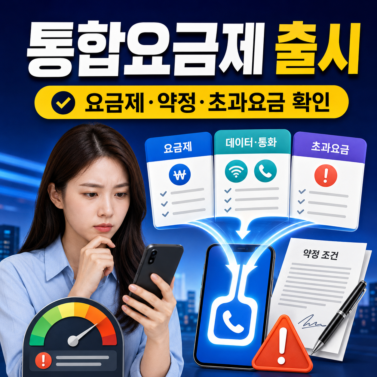통합요금제 출시 후 요금제와 약정 조건, 데이터&middot;통화 제공량 및 초과요금을 확인하는 모습
