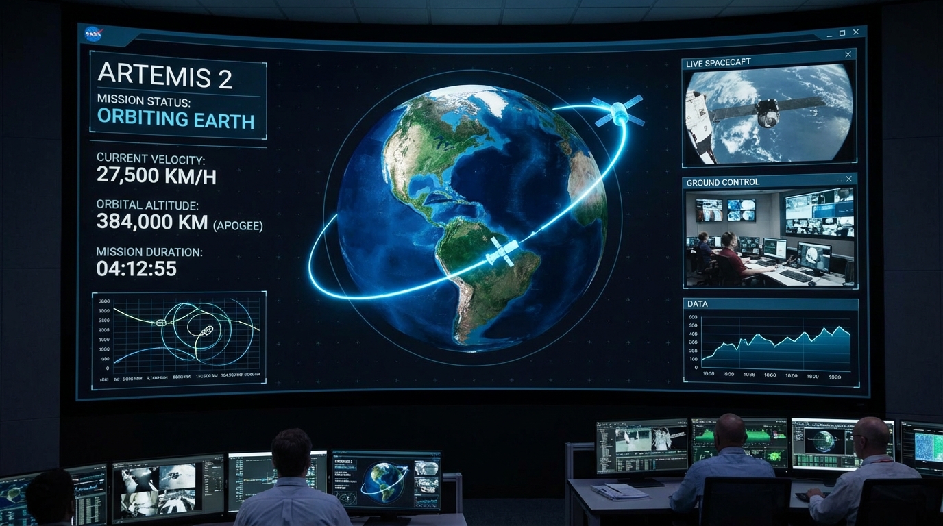 아르테미스 2호의 현재 궤도와 속도를 보여주는 최첨단 디지털 추적 대시보드