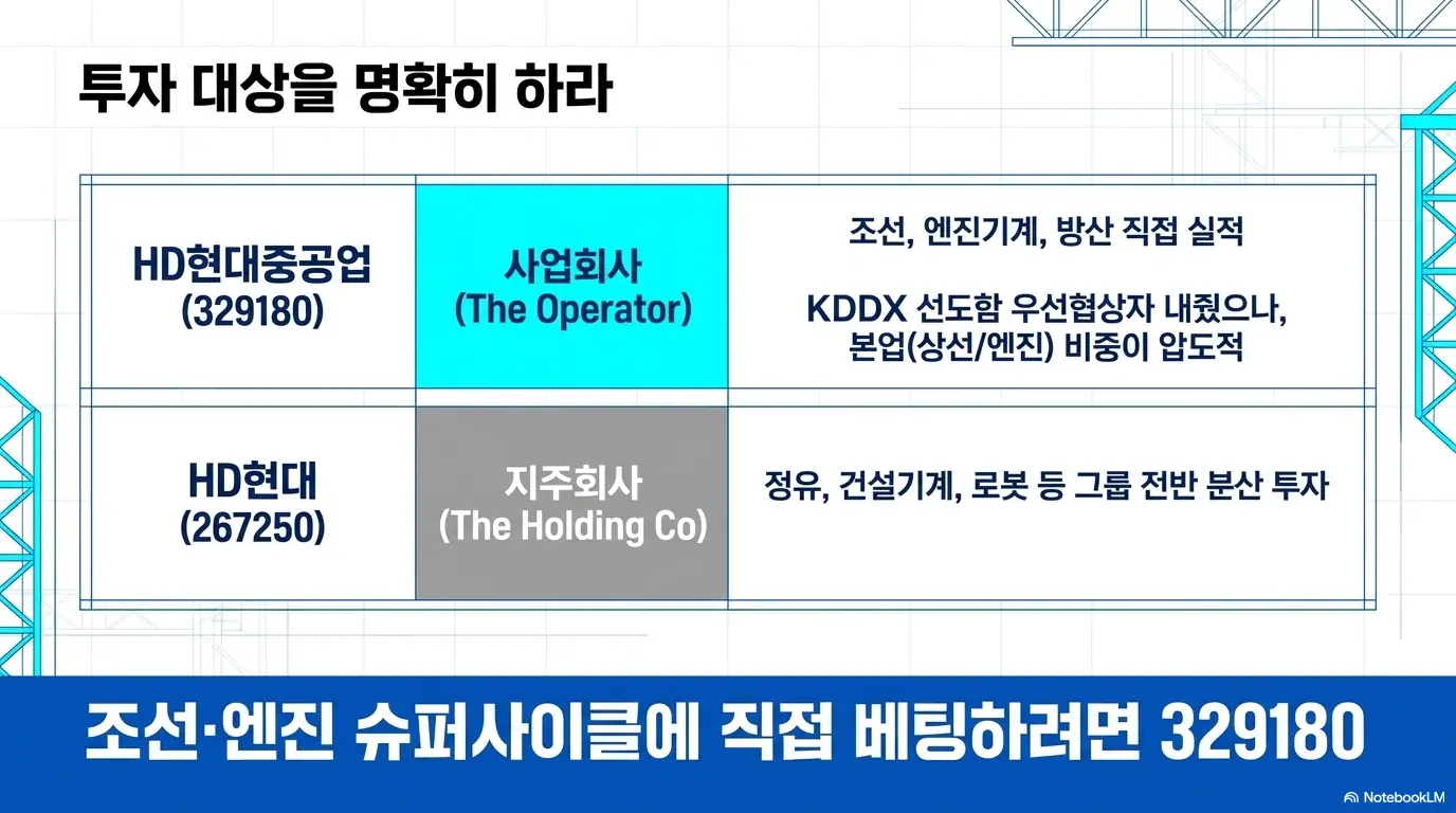 HD현대중공업 주가 전망: HD현대중공업과 HD현대의 차이를 정리한 표 형태 인포그래픽. 종목코드 329180은 조선&middot;엔진&middot;방산을 직접 영위하는 사업회사이고&amp;#44; 267250은 정유&middot;건설기계&middot;로봇까지 아우르는 지주회사임을 구분해&amp;#44; 슈퍼사이클에 직접 베팅하려면 329180임을 설명함. 