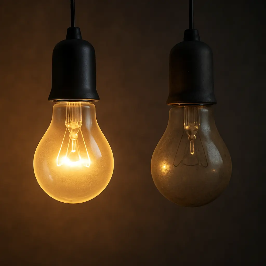 좌측의-새-전구는-매우-밝게-빛나고-우측의-오래된-전구는-먼지-쌓인-유리와-약해진-필라멘트로-어둡게-빛나는-비교된-장면
