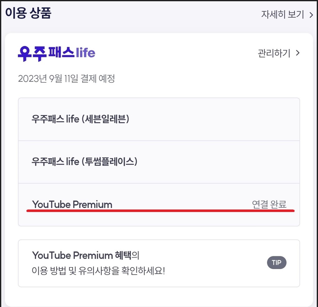 우주패스-life-유튜브-프리미엄-연결완료