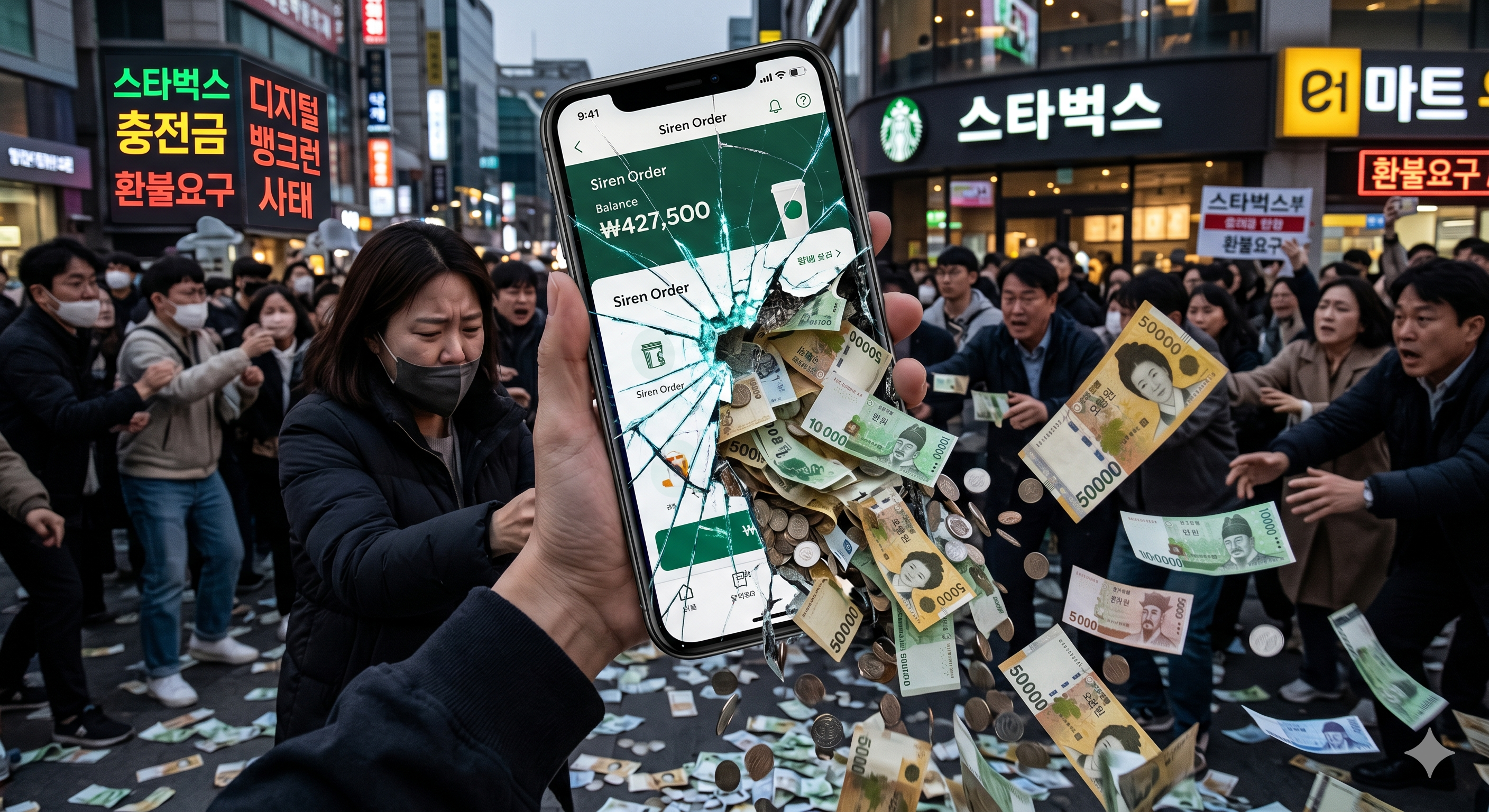 스마트폰 화면 속 스타벅스 앱이 깨지면서 그 안의 충전금 현금이 우르르 쏟아져 내리는 디지털 뱅크런의 위기 상황을 묘사한 이미지입니다.