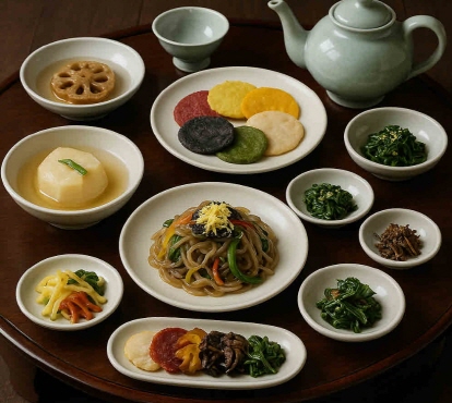 전통 한국 한식이 담긴 상차림 사진.