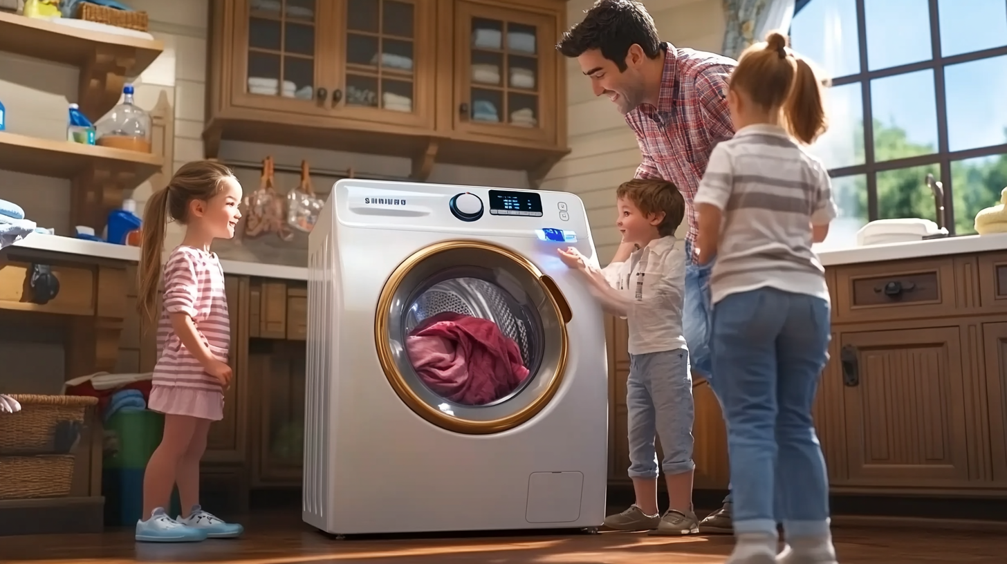 삼성 액티브워시를 사용하여 얼룩을 제거하는 애벌빨래 기능을 시연 중인 가족의 모습, 따뜻하고 친근한 분위기.