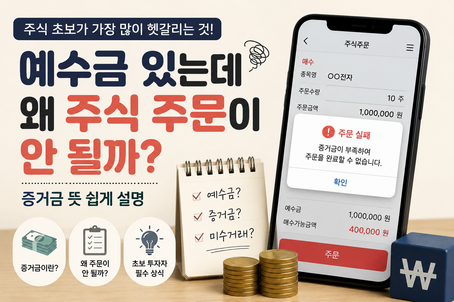 예수금은 있는데 주식 주문이 안 되는 이유와 증거금 뜻을 설명하는 초보 투자자 대표 이미지