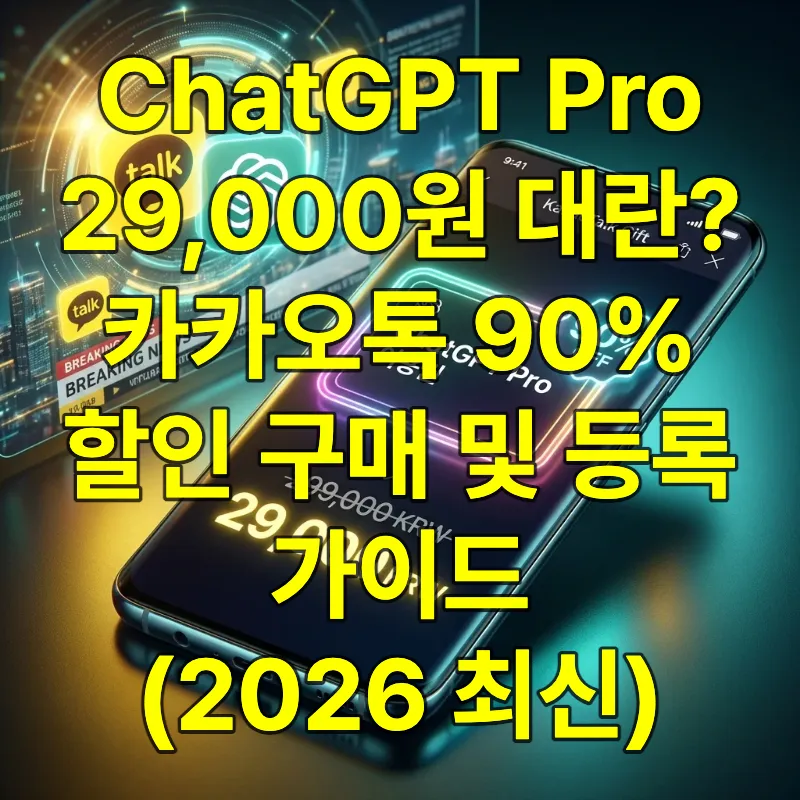 카카오톡 선물하기 화면에 챗GPT 프로(ChatGPT Pro) 이용권이 29,000원으로 90% 할인된 가격에 판매되고 있는 모습을 보여주는 스마트폰 이미지. 배경에는 오픈AI와 카카오 로고가 어우러져 기술 제휴 및 파격 할인을 상징함.