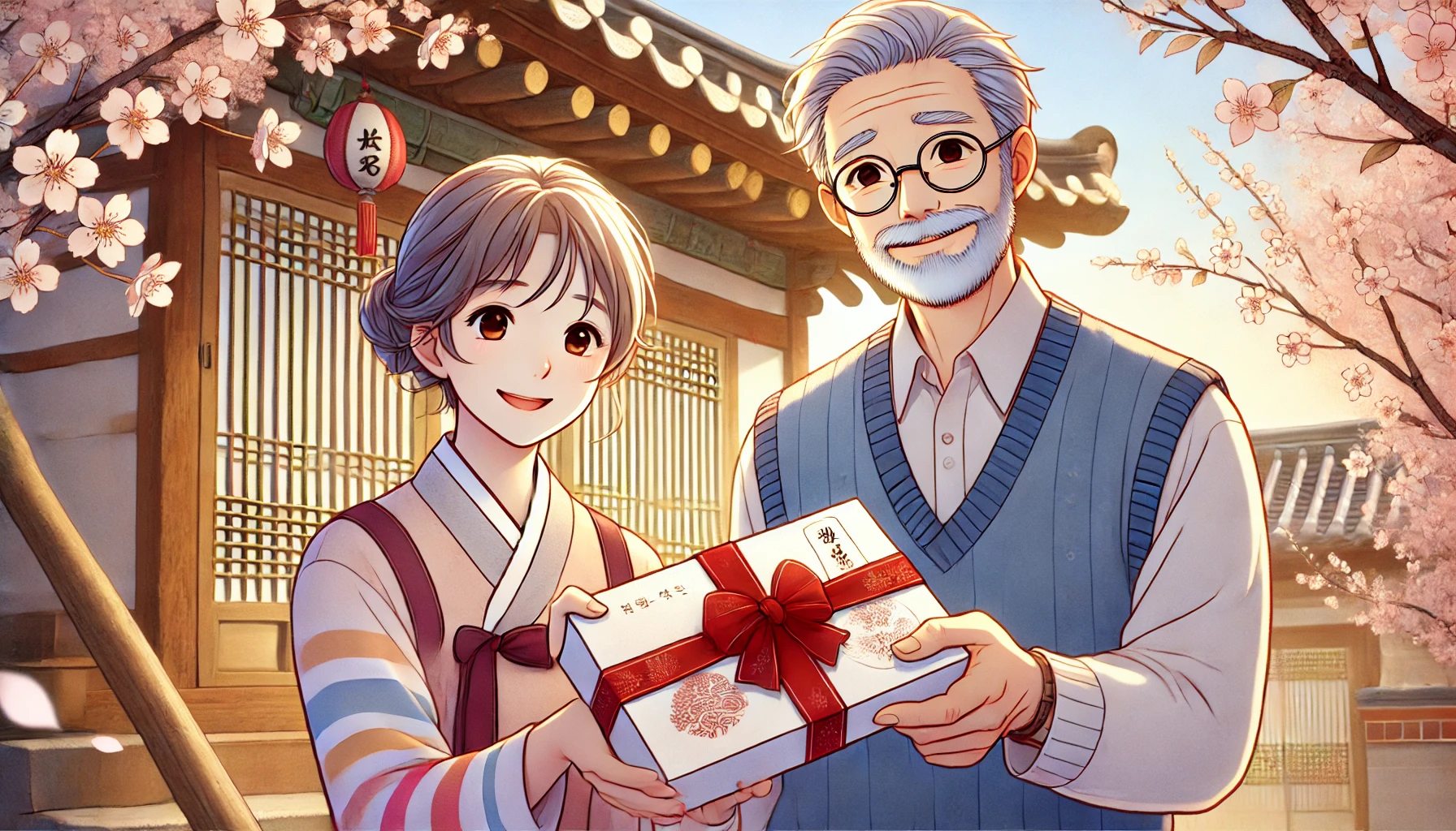 젊은이에게 선물 봉투를 받고 따뜻하게 웃는 노부부의 애니메이션 스타일 일러스트, 전통 한옥 배경