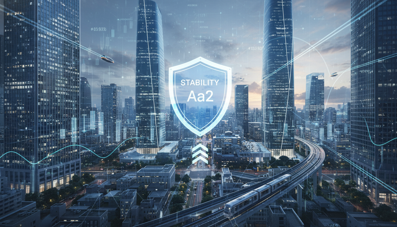 2026년 서울의 현대적인 스카이라인과 금융 그래프가 오버레이된 이미지로, 한국 경제의 안정적인 신용등급 Aa2 유지를 상징하는 파란색 방패 아이콘이 중앙에 빛나고 있음.