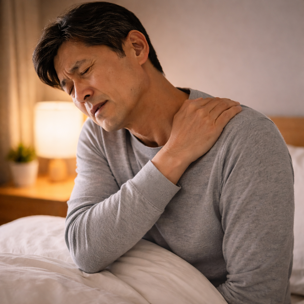 오십견의 야간통으로 수면이 방해되는 모습을 표현한 이미지