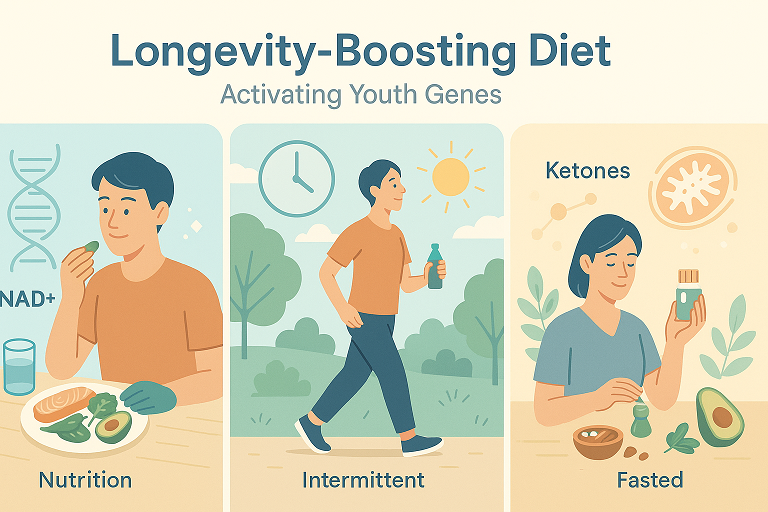 장수 유전자를 깨우는 식단 (NAD+, 케톤, 단식) 이미지