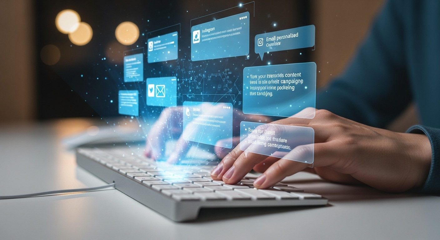 키보드를 타이핑하는 마케터의 손과 실시간으로 AI가 생성한 콘텐츠 제안이 홀로그램으로 나타나는 모습. 인간과 AI의 협업을 상징.