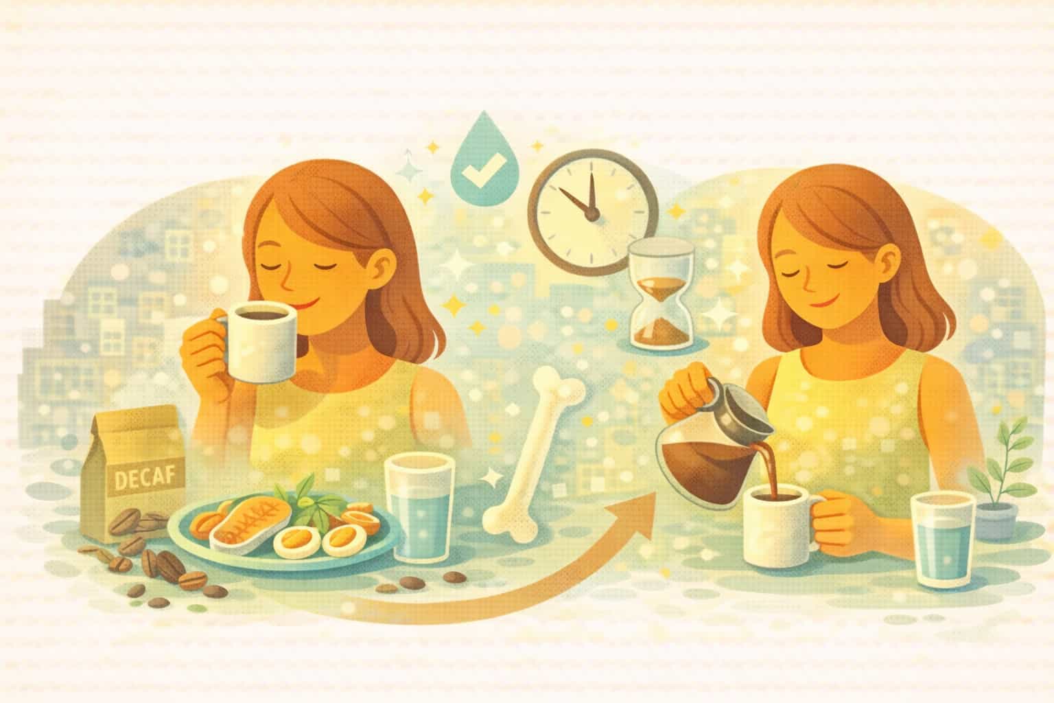 적절한 카페인 섭취와 건강한 음용 습관으로 커피를 즐기는 여성의 일러스트