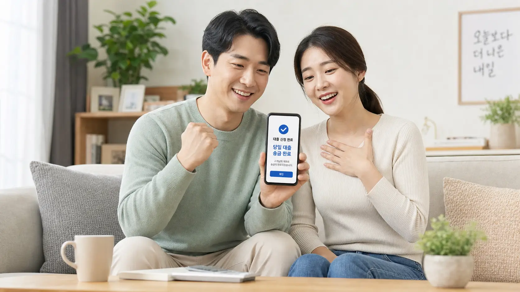 한국의 거실 소파에 앉아 비대면 스마트폰 심사로 당일 대출 송금 완료 메시지를 확인하고 안도하는 30대 부부