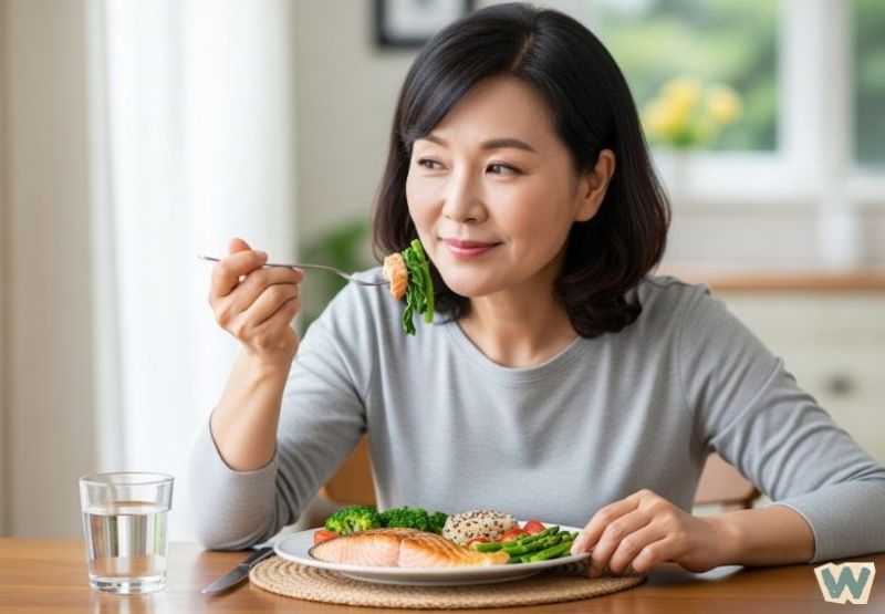 갱년기 영양관리를 위해 브로콜리와 연어가 포함된 건강한 식단을 섭취하는 40대 중년 여성 via Gemini
