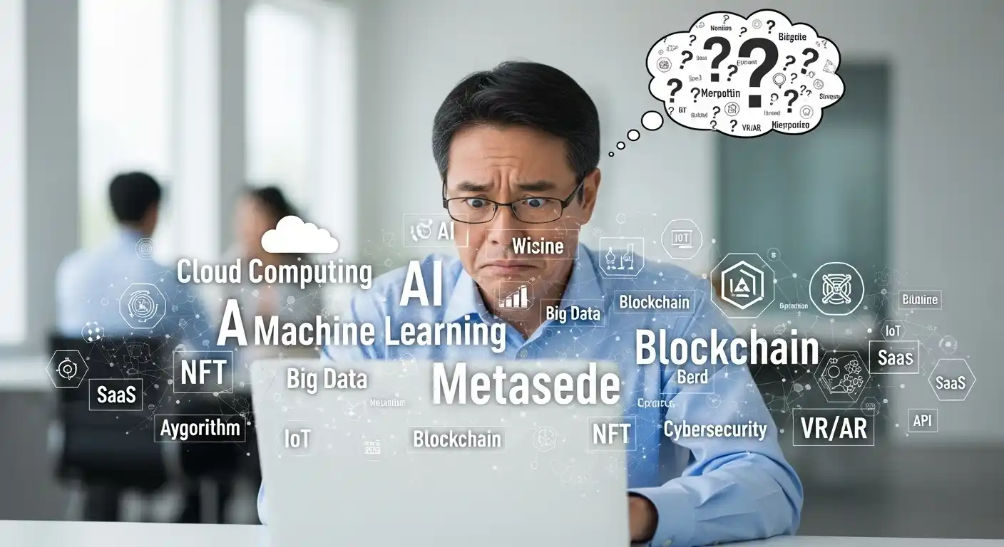 <img src="analog_generation_confused_by_ai_jargon.webp" alt="디지털 용어에 막막함을 느끼는 아날로그 세대의 모습을 표현한 이미지 입니다">