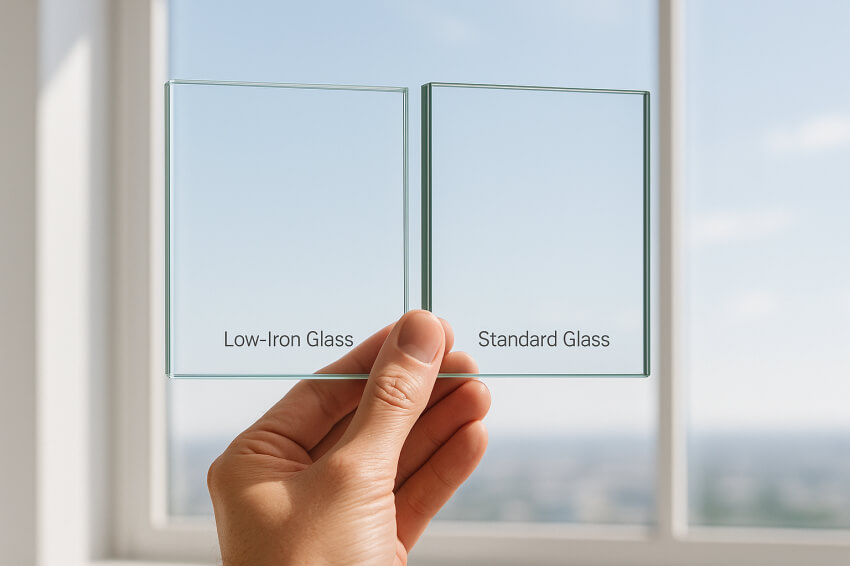 일반유리와 로이유리 샘플을 비교하고 있는 모습