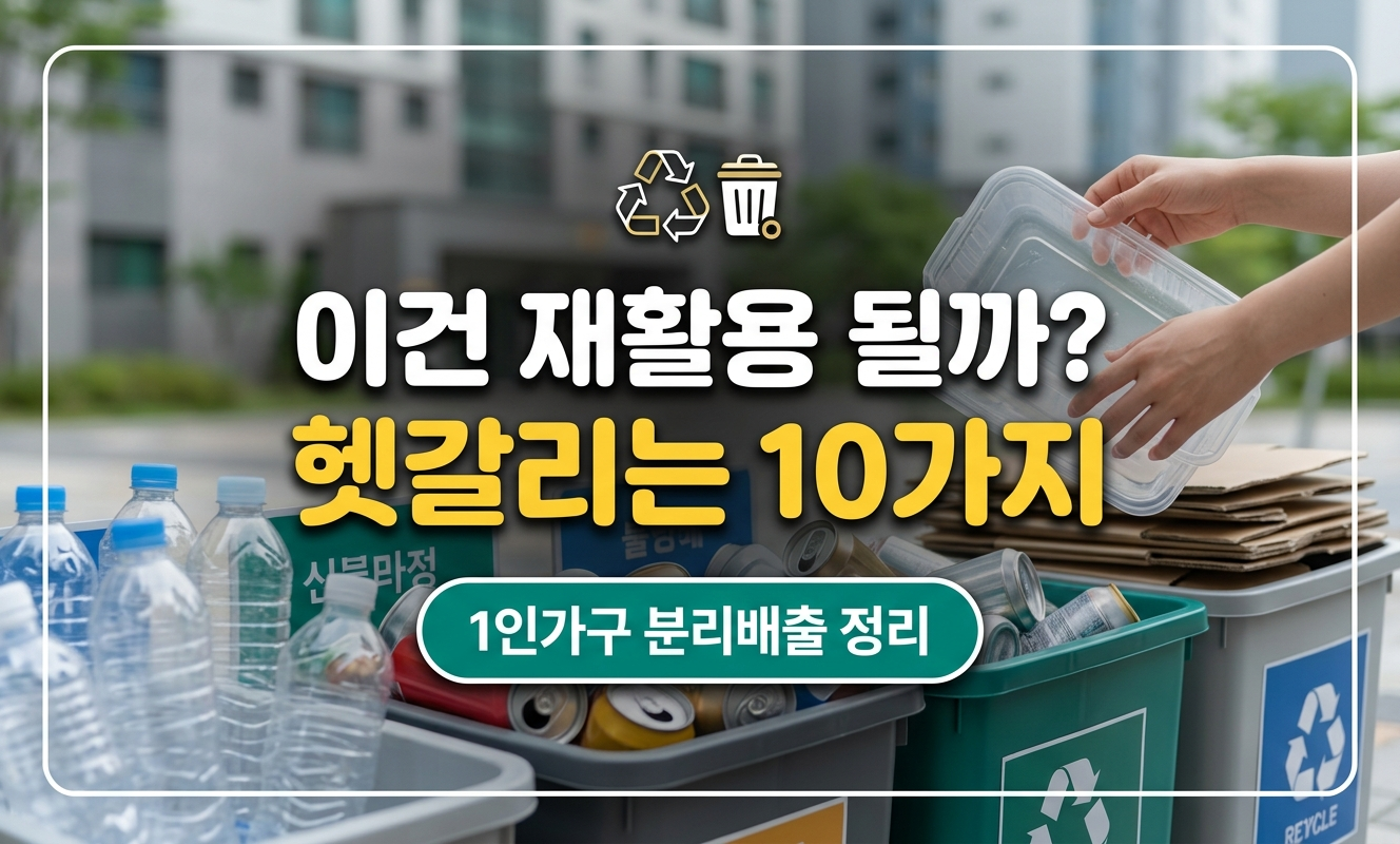 분리수거장 앞에서 재활용품을 나눠 담는 장면
