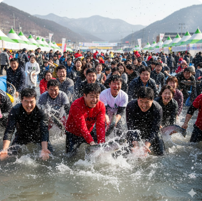 산천어 맨손 잡기 체험에 참여한 사람들의 역동적인 모습