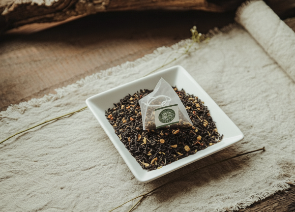 천 위에 잎차가 담긴 사각 그릇이 보인다. 그 잎차를 담은 티백이 잎차 위에 올려져 있다.