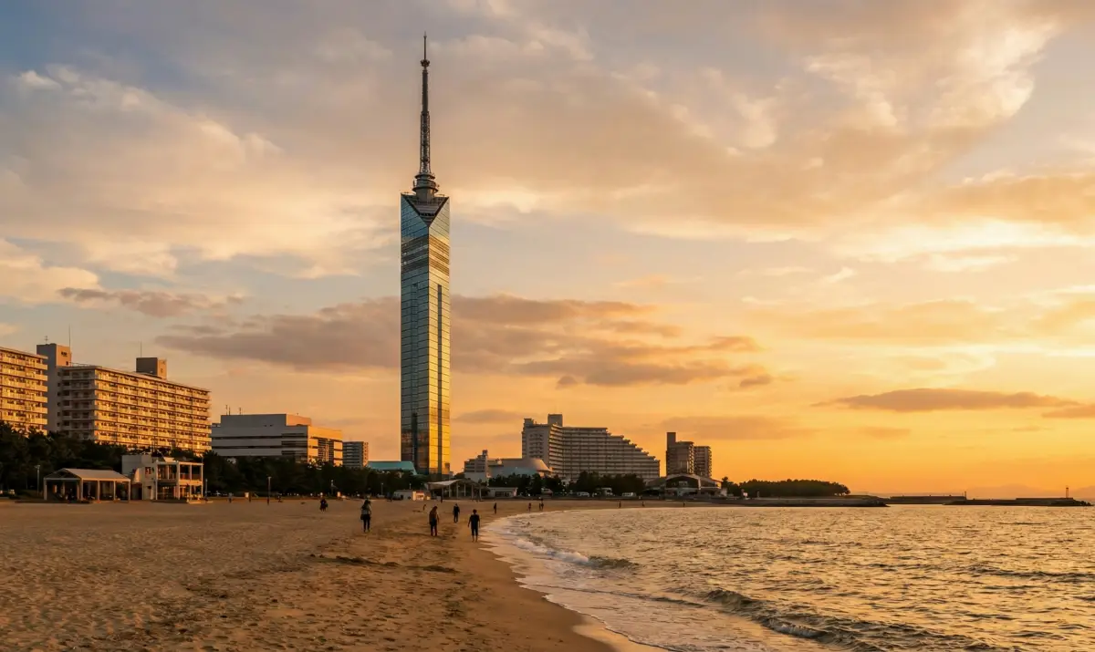 석양으로 물든 모모치 해변과 후쿠오카 타워의 현대적인 조화