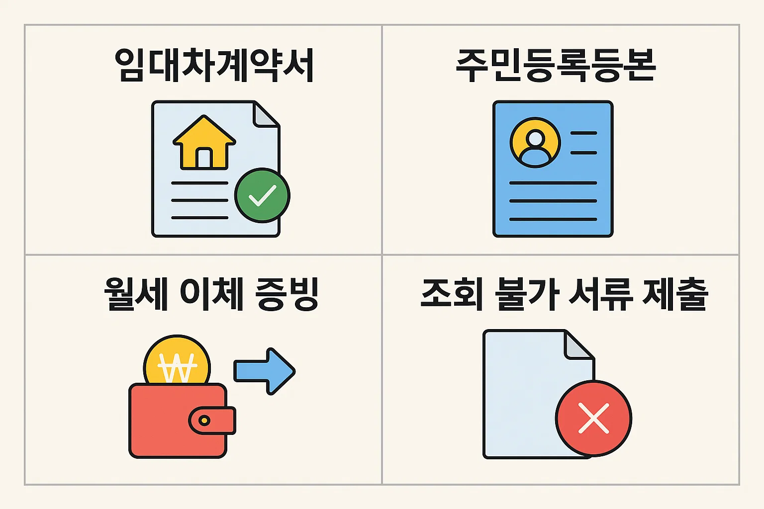 임대차계약서, 주민등록등본, 월세 이체 증빙, 조회 불가 시 서류 제출 등 월세공제 신청에 필요한 서류를 정리한 인포그래픽입니다.