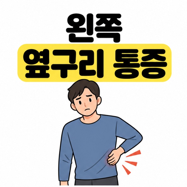왼쪽 옆구리 통증 제목 아래 자신의 왼쪽 옆구리를 손으로 짚고 있는 성인과 통증을 나타내는 표시