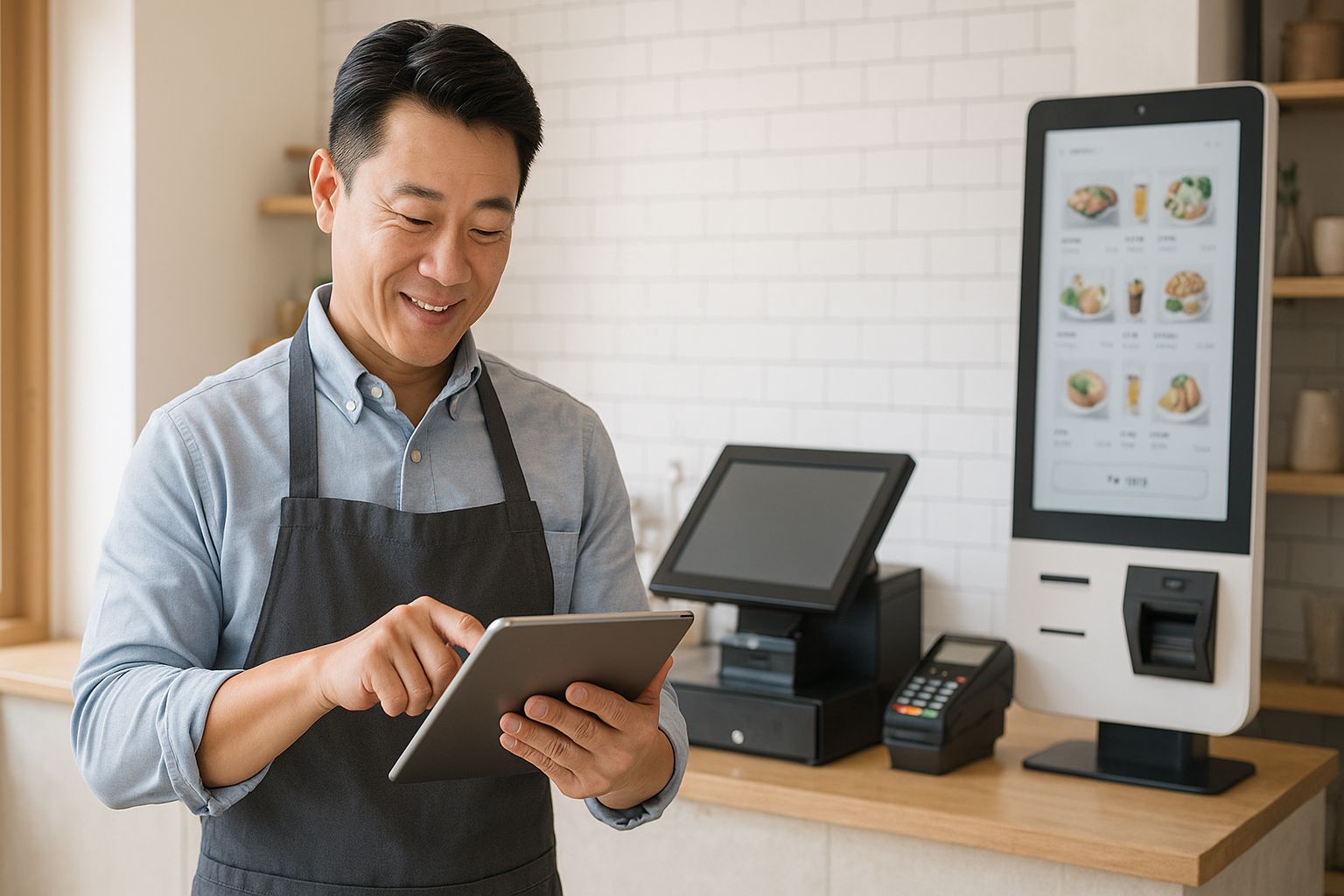 디지털 태블릿을 사용하는 아시아계 소상공인과 스마트 키오스크