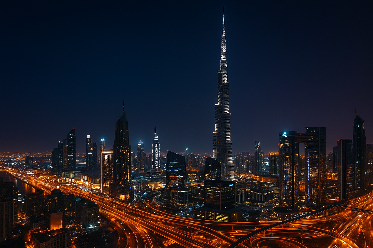 도심의 야경을 담은 장면으로, 중앙에는 세계에서 가장 높은 마천루인 부르즈 할리파가 우뚝 솟아 있으며, 건물 외벽에는 하얀 조명이 수직으로 길게 밝혀져 있어 야간에도 뚜렷하게 그 형태가 강조된다. 주변에는 다양한 고층 건물들이 빽빽하게 들어서 있고, 각 건물마다 다른 색상의 조명이 들어와 있어 도시의 화려함을 부각시킨다. 하단에는 여러 갈래로 뻗은 고속도로와 입체적인 인터체인지 구조가 있으며, 도로 위를 흐르는 차량의 불빛이 긴 노출 효과로 인해 주황색의 빛줄기로 표현되어 있다. 전체적인 배경은 어두운 밤하늘로, 별빛은 보이지 않지만 도시 조명이 하늘과 지평선을 밝게 채우고 있다. 구도는 높은 고층 빌딩에서 도시를 내려다보는 시점이며, 정중앙의 부르즈 할리파를 중심으로 좌우 균형감 있게 구성되어있는 사진