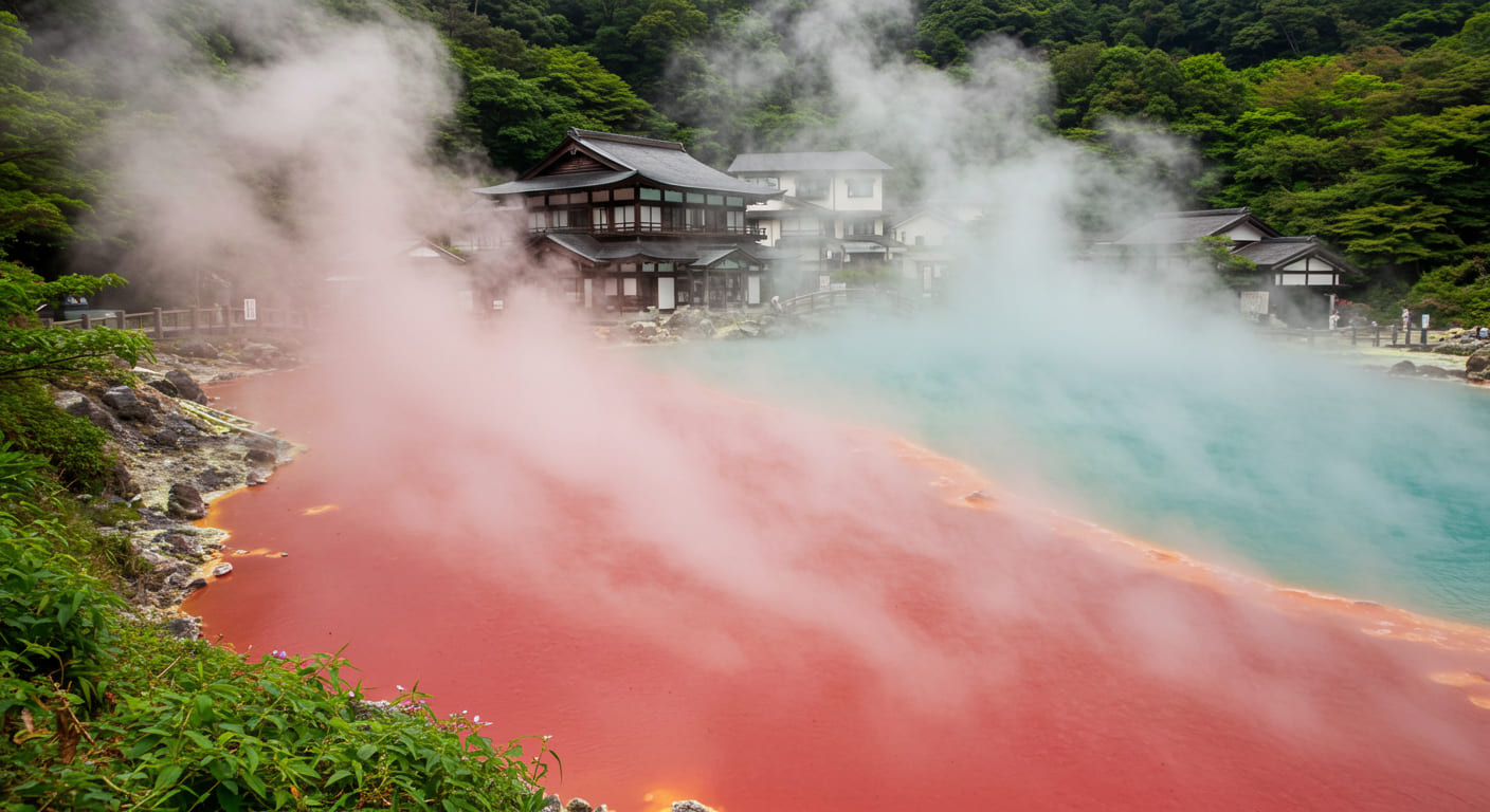 벳푸 지옥 온천의 빨간색과 파란색 온천수, 피어오르는 증기와 전통적인 일본 건축물이 어우러진 풍경