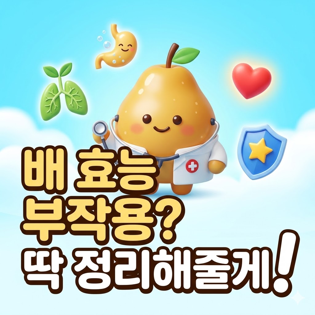 의사 가운을 입은 귀여운 배 캐릭터와 기관지, 소화기, 심장, 면역을 상징하는 아이콘들, 그리고 '배 효능 부작용? 딱 정리해줄게!' 문구가 있는 3D 카툰 일러스트.