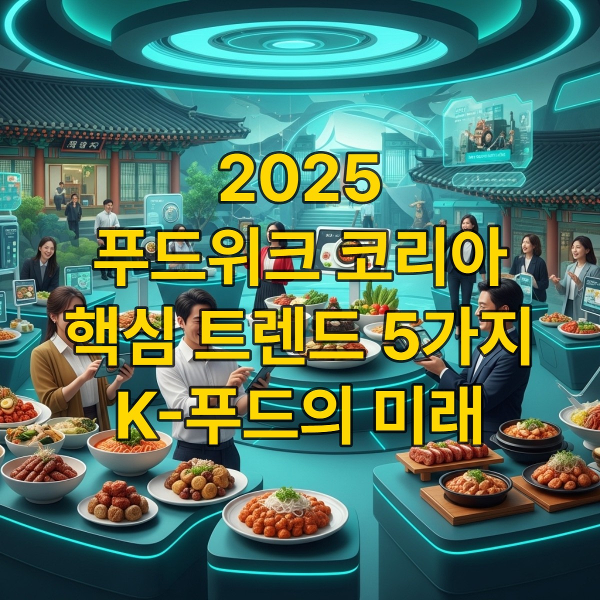 2025 푸드위크 코리아에서 선보이는 다채로운 K-푸드의 미래 트렌드와 혁신적인 푸드테크가 어우러진 활기찬 박람회 현장.
