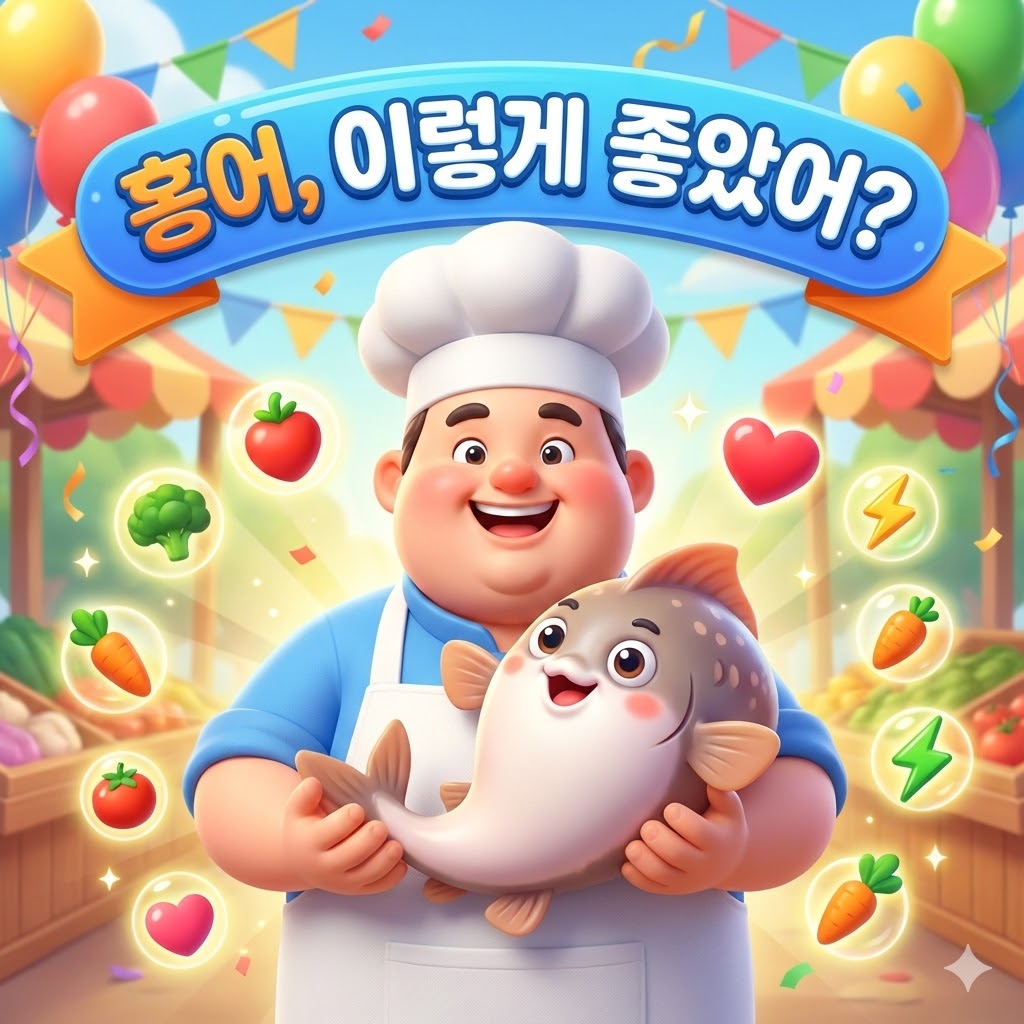 홍어를 맛있게 즐기며 건강해 보이는 캐릭터와 '홍어, 이렇게 좋았어?' 문구가 있는 밝은 3D 카툰 일러스트.
