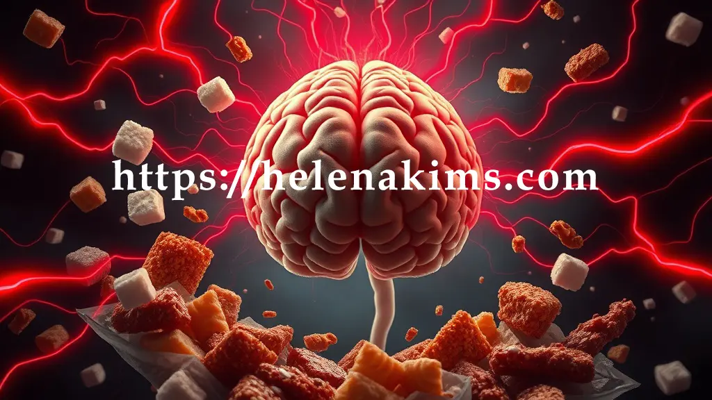 어둡고 긴박한 분위기. 흐릿한 인간 뇌 윤곽선 주변에 설탕 덩어리, 기름진 튀긴 음식 조각, 짜고 매운 가공 스낵이 위협적으로 감싸고 있다. 음식들에서 검붉은 에너지 파동이 뇌로 향해 뇌 혈관이 좁아지거나 막히는 듯한 추상적인 이미지로 표현.