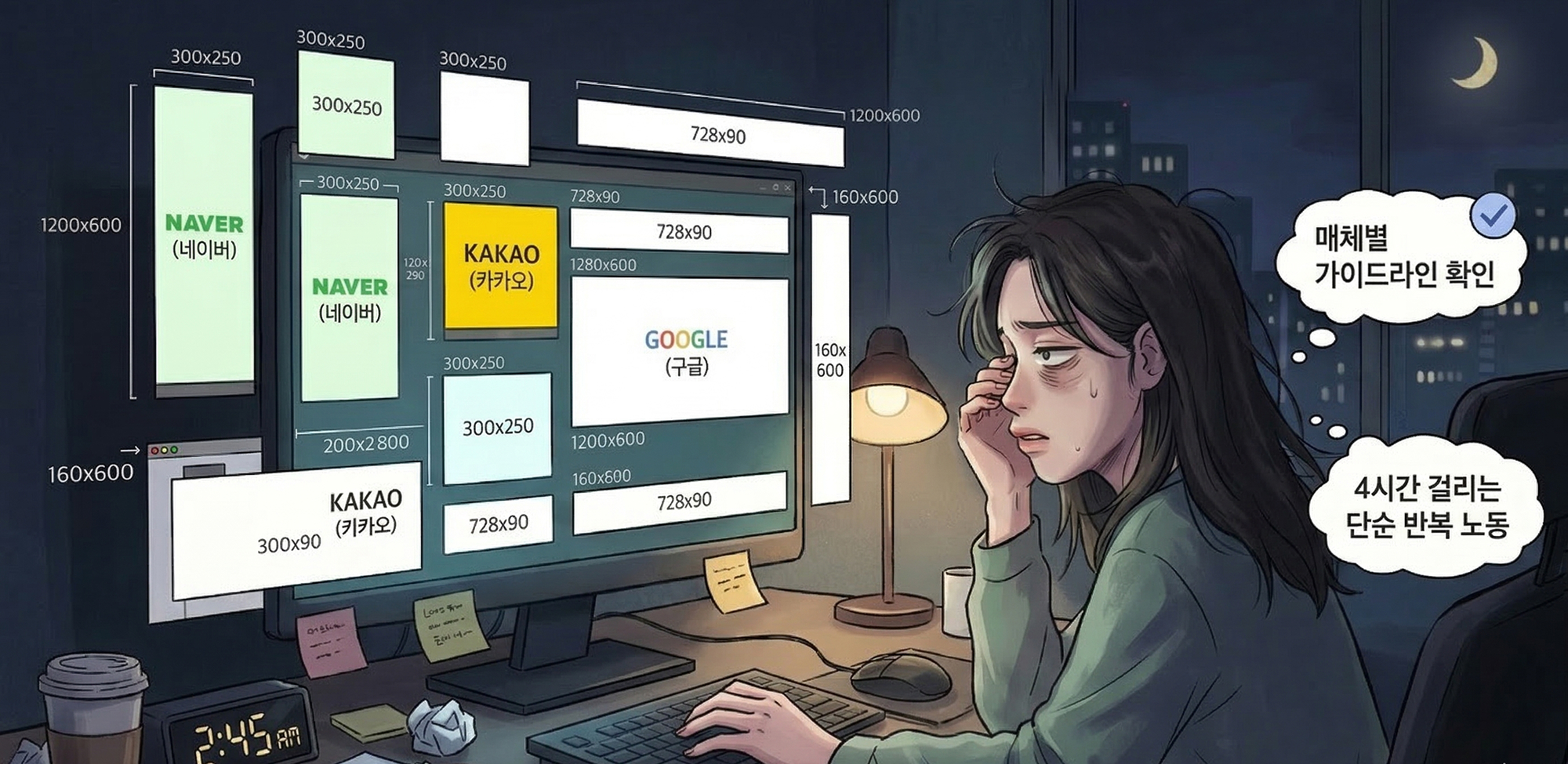야근하며 수동으로 광고 배너 리사이징 작업을 하는 지친 디자이너의 모습