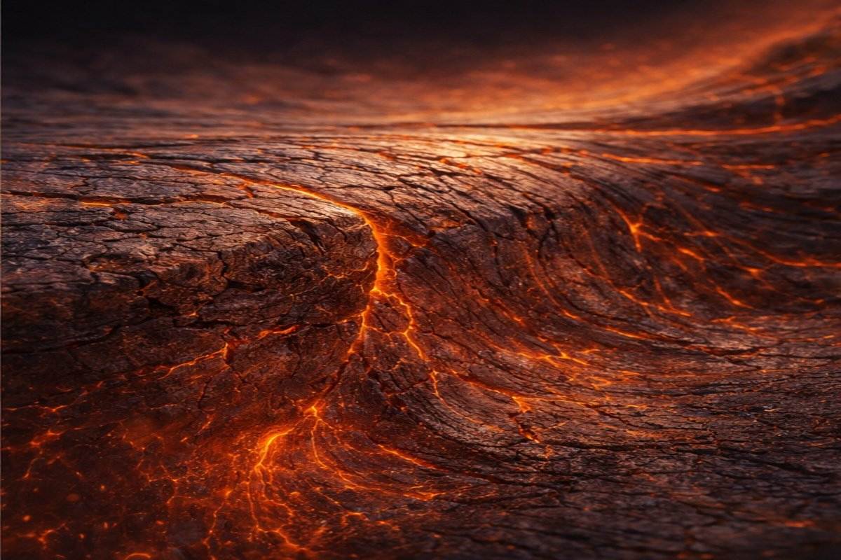 거칠게 갈라진 뜨거운 암석층이 완만하게 휘어진 모습으로, 고체 상태에서 매우 느리게 변형되는 지구 맨틀의 성질을 상징적으로 표현한 이미지