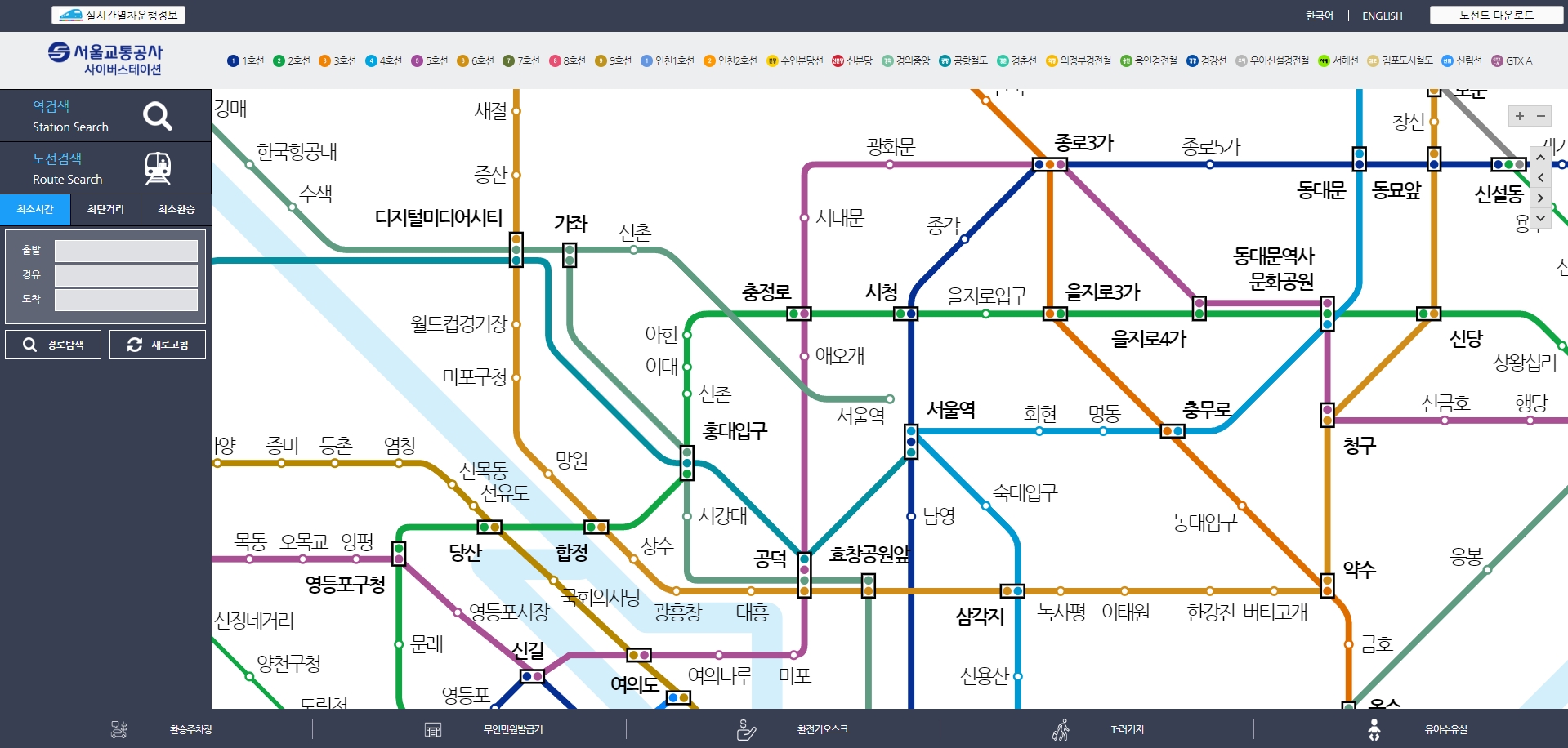 넓게 펼쳐진 노선 지도 화면