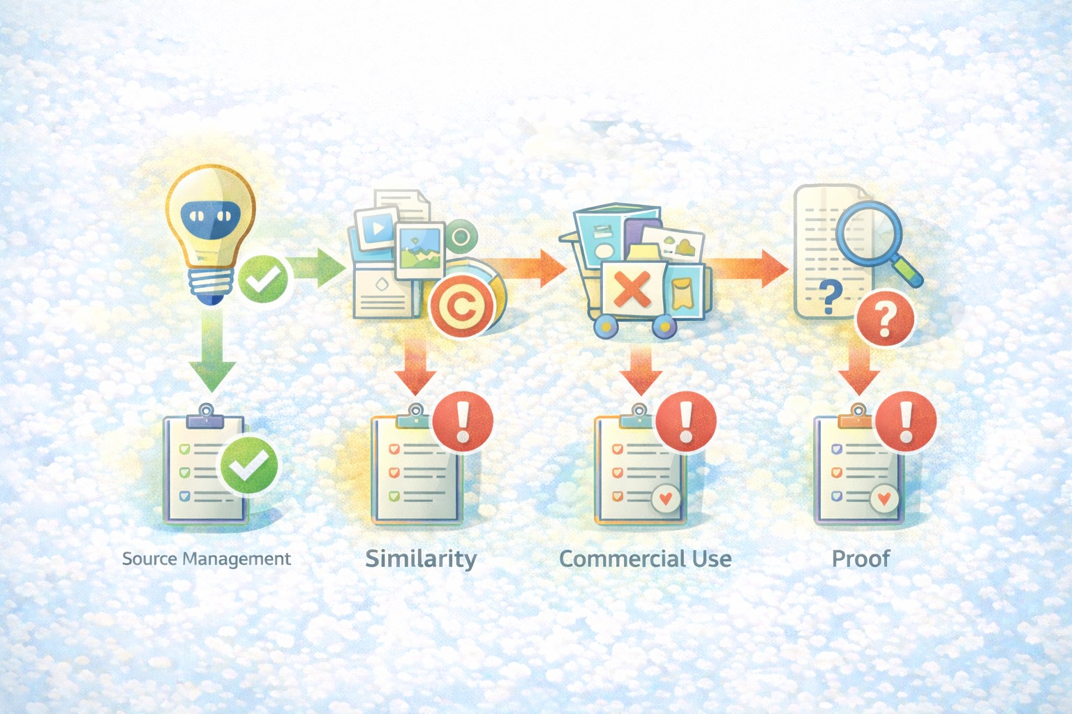 생성형 AI 저작권 리스크를 소스 관리 유사성 상업 사용 증빙 단계로 점검하는 아이콘 흐름도 요약 다이어그램 이미지