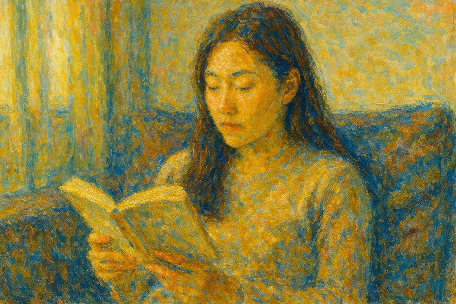 책을 읽는 한국 여성의 인상파 풍 그림 이미지