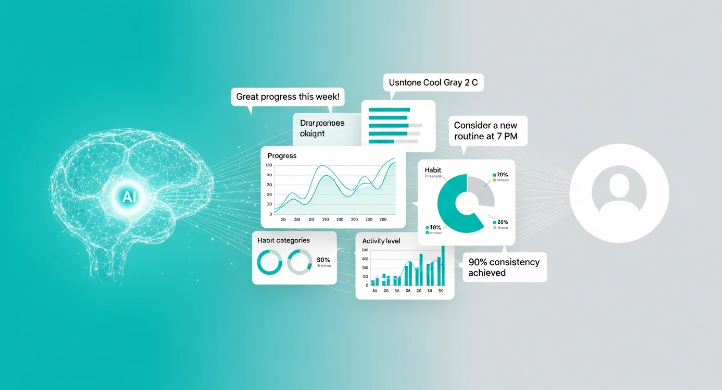 AI가 사용자의 습관 데이터를 분석하여 개인화된 코칭과 피드백을 제공하는 모습을 시각적으로 표현한 이미지. 데이터 기반의 인사이트를 상징합니다.