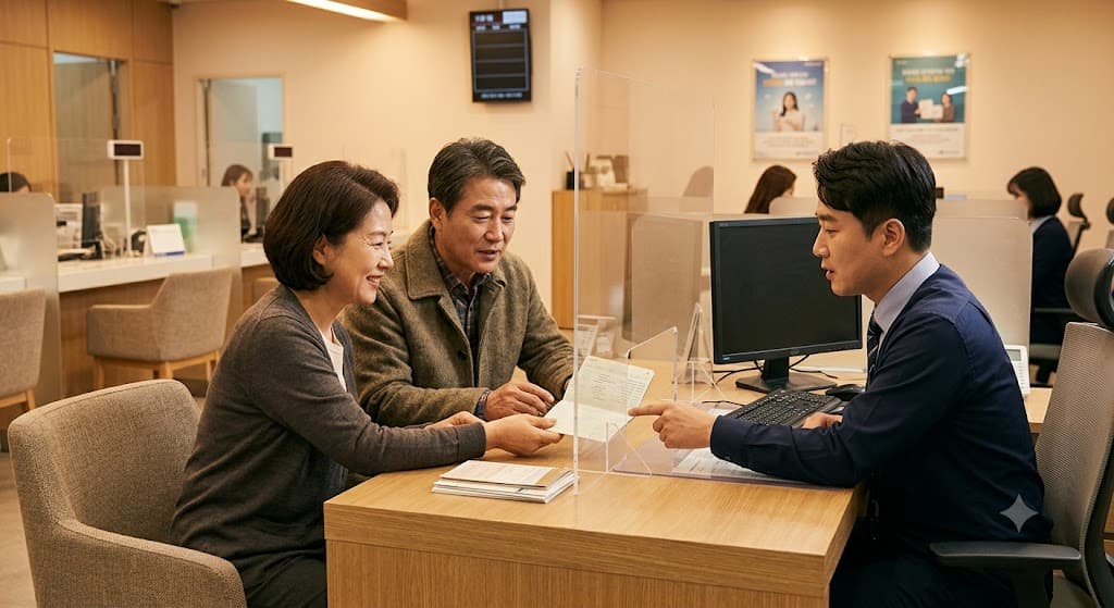 은행 창구에서 통장을 들고 상담받는 중년 부부, 따뜻한 실내 조명, 사실적인 사진 스타일